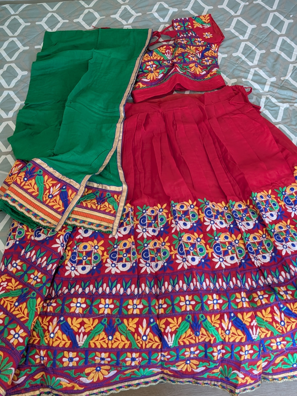 Traditional Women's Red Embroidered Skirt/Chania Choli with Green Dupatta